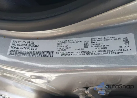 2024 Ram 1500 Laramie 4X2 5'7 Box z USA, uszkodzony, nr VIN 1C6RREJT1RN220662